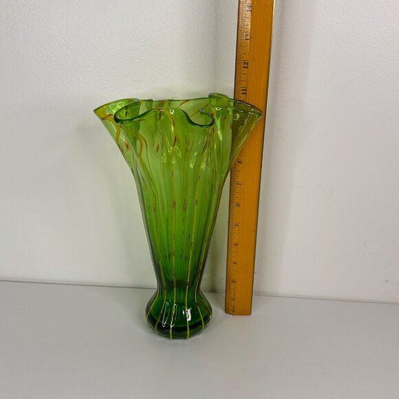 Eastern Hand-Blown Green Glass Vase With Yellow & Red Swirl Design 10.5" - Picture 9 of 12